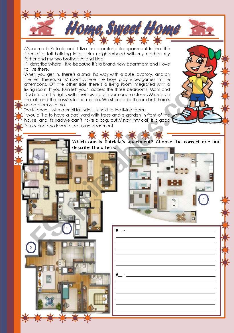 Home, Sweet Home  comprehension, rooms of a house and prepositions [4 tasks + tasks suggested] ((2 pages)) ***editable